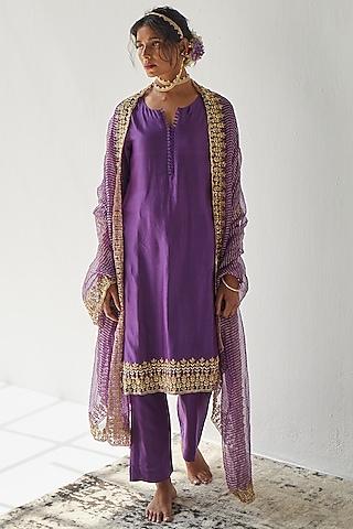 purple embroidered kurta set