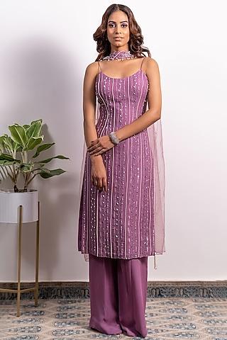 purple embroidered kurta set