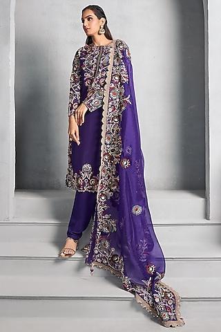 purple embroidered kurta set