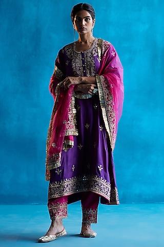 purple embroidered kurta set