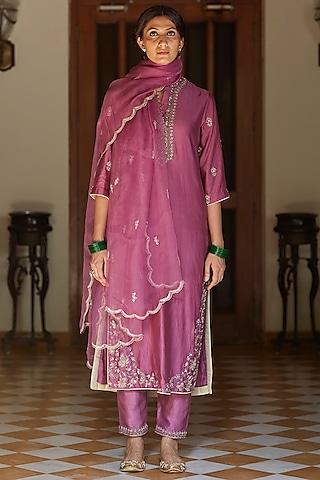 purple embroidered kurta set