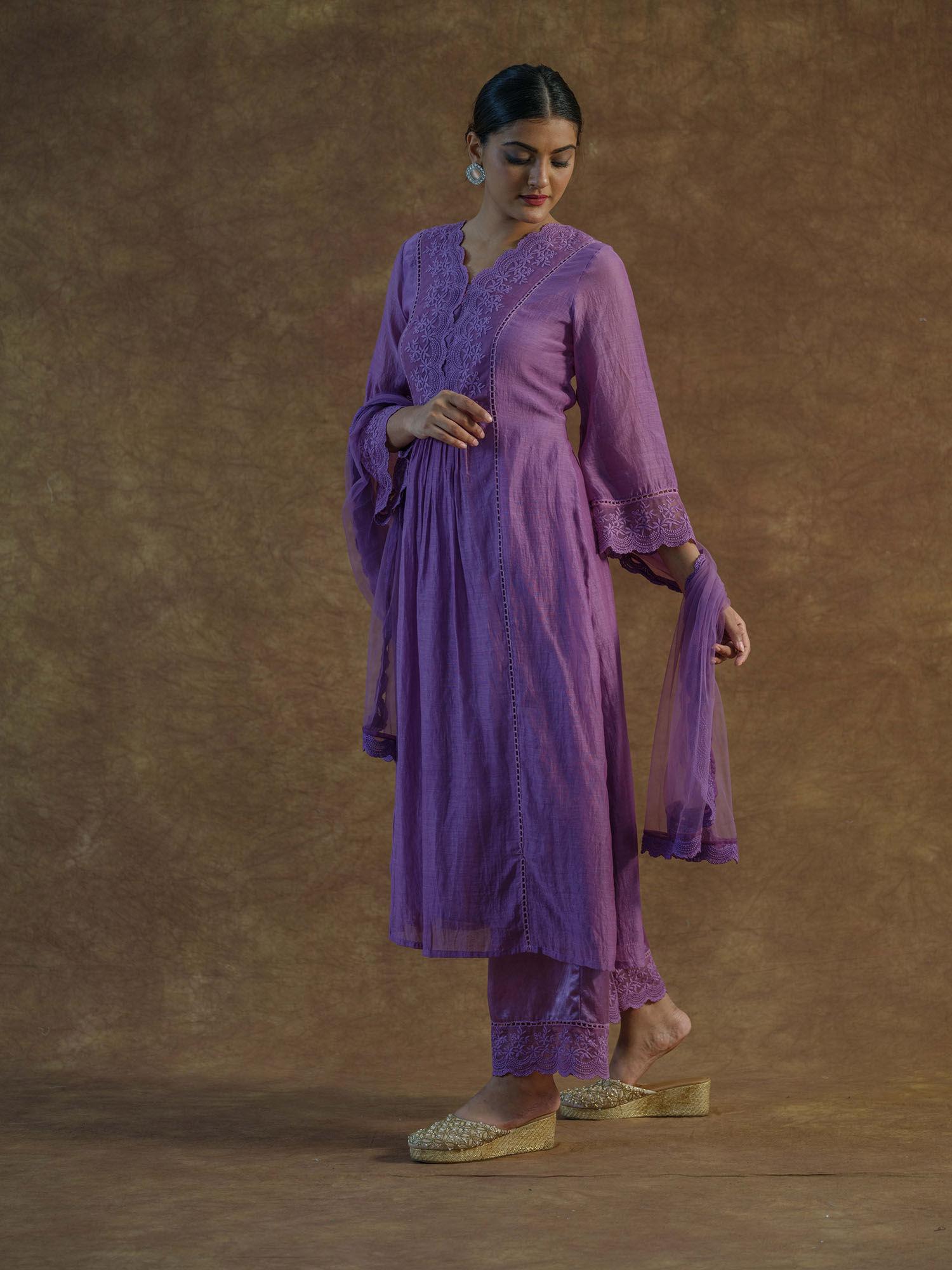 purple embroidered kurta with palazzo pants & dupatta (set of 3)