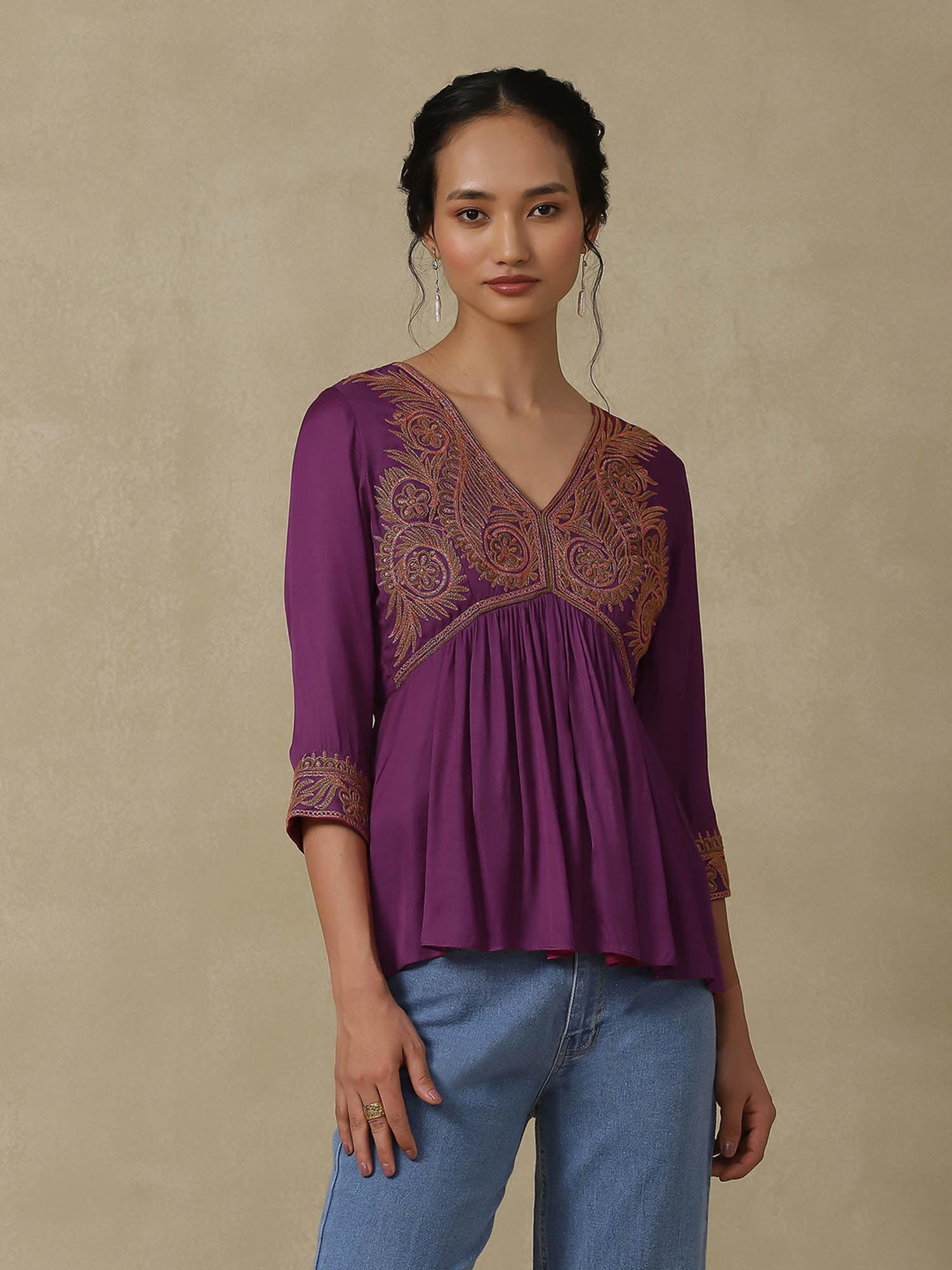 purple embroidered kurti