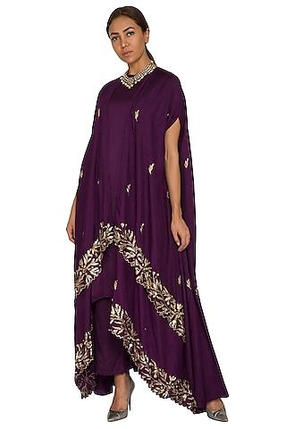 purple embroidered layered cape with crop top & palazzo pants