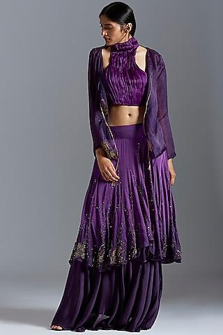 purple embroidered layered skirt set