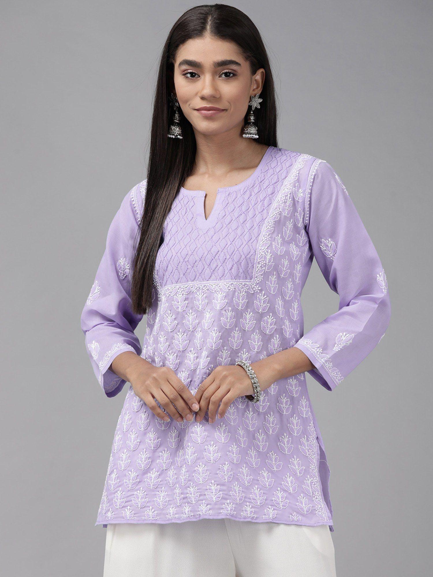 purple embroidered lucknowi chikankari kurti