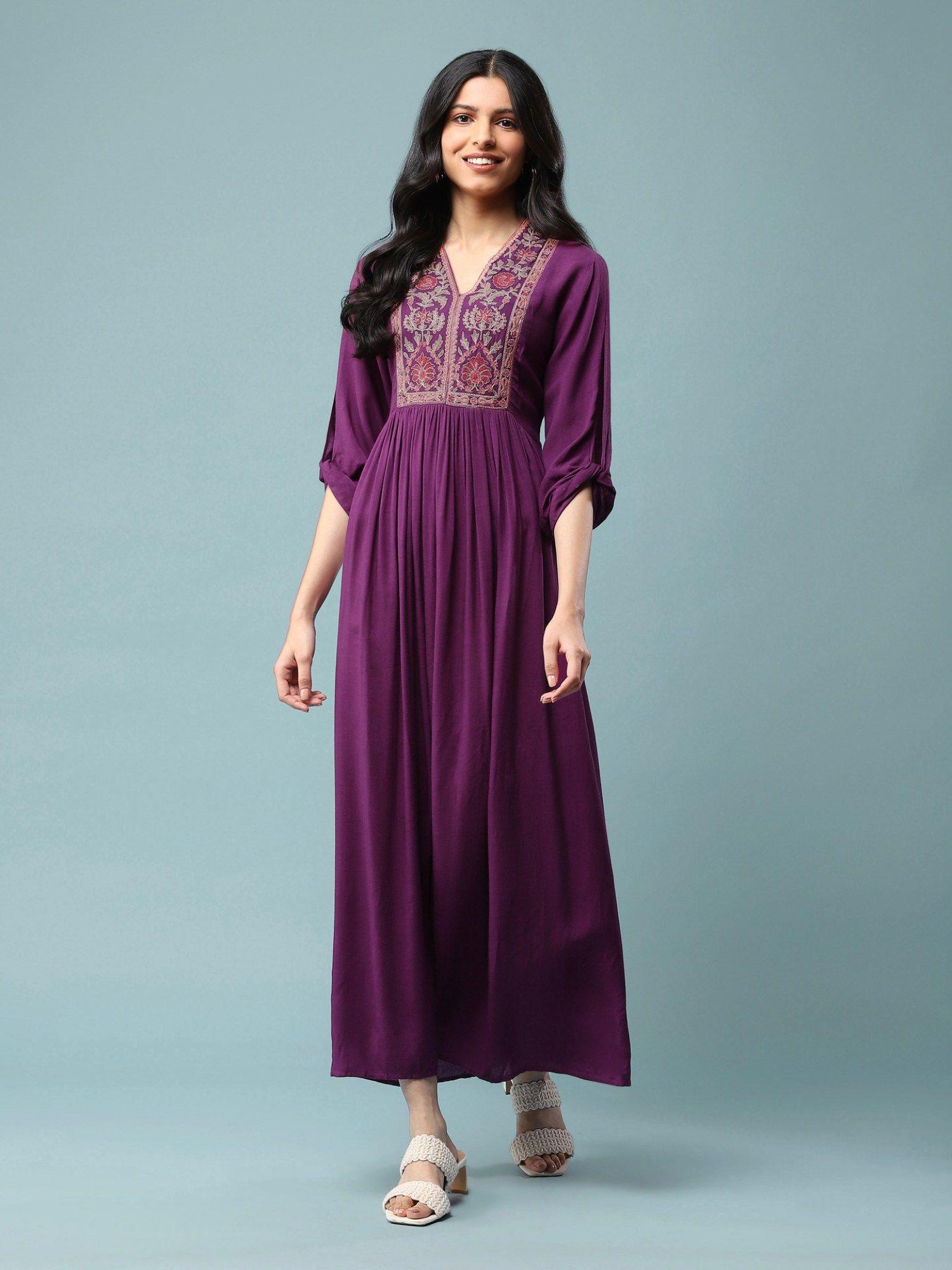 purple embroidered maxi dress