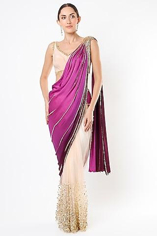 purple embroidered pre-stitched saree set