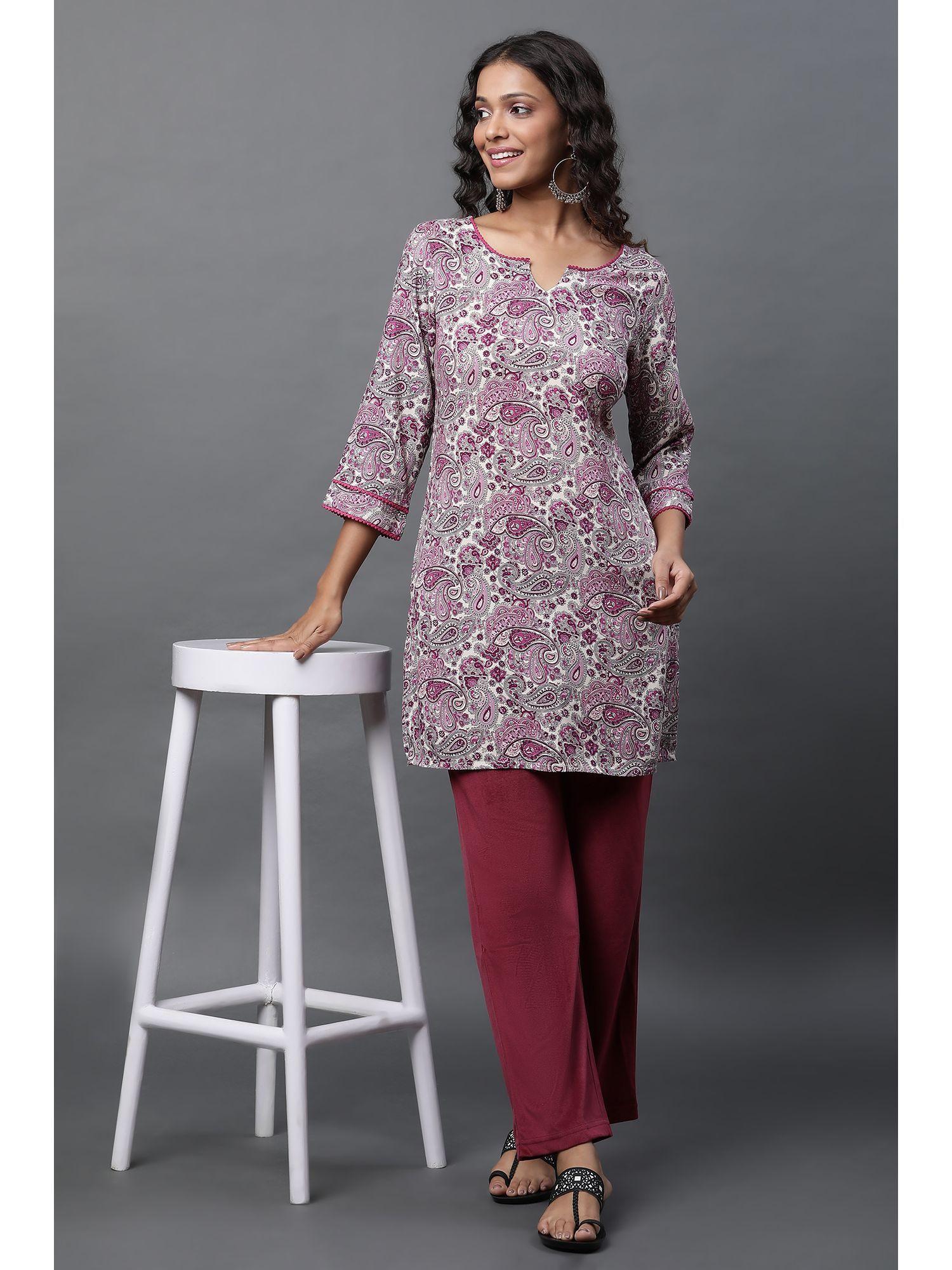 purple embroidered printed short kurti