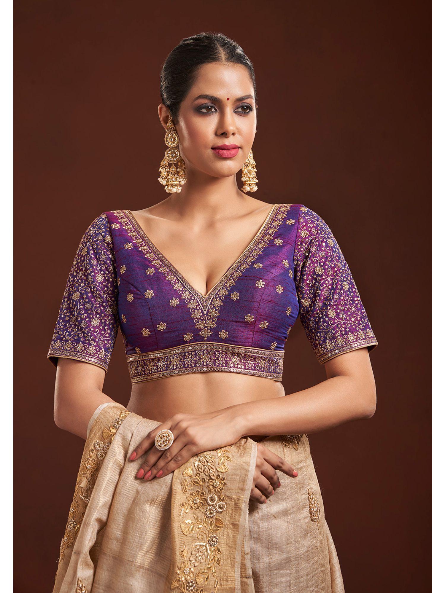 purple embroidered raw silk readymade blouse