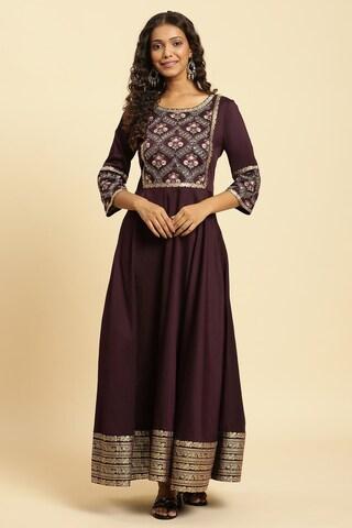 purple embroidered round neck ethnic ankle-length 3/4th sleeves women regular fit dress