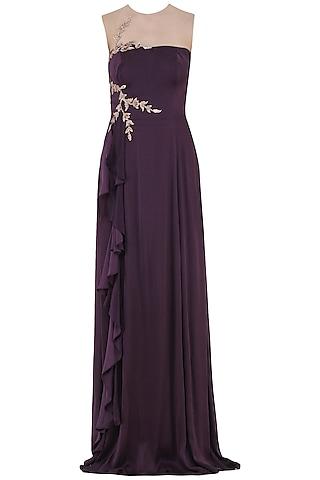 purple embroidered ruffle gown