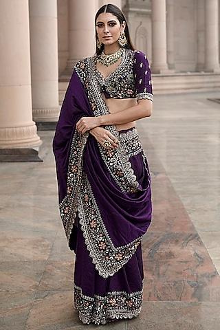 purple embroidered saree set