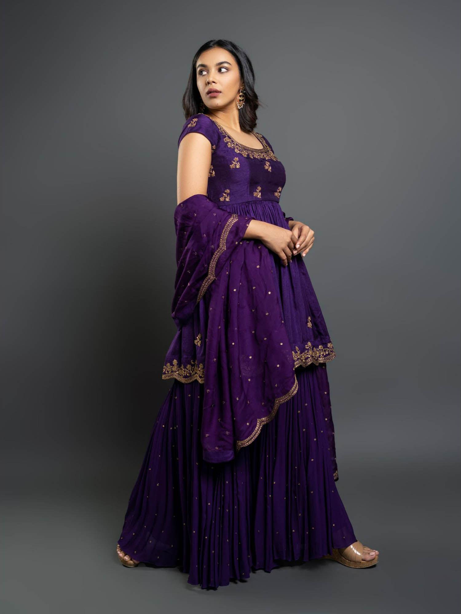 purple embroidered sharara (set of 3)