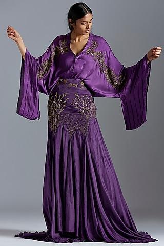 purple embroidered skirt set