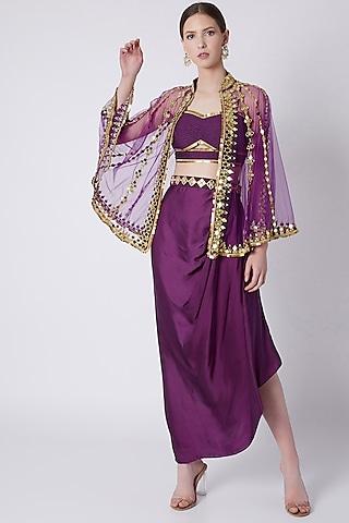 purple embroidered skirt set