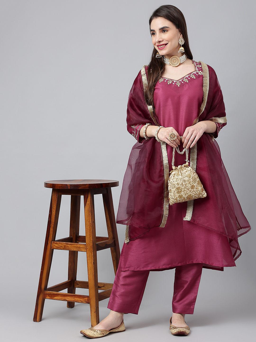 purple embroidered straight kurta with solid trousers & dupatta (set of 3)