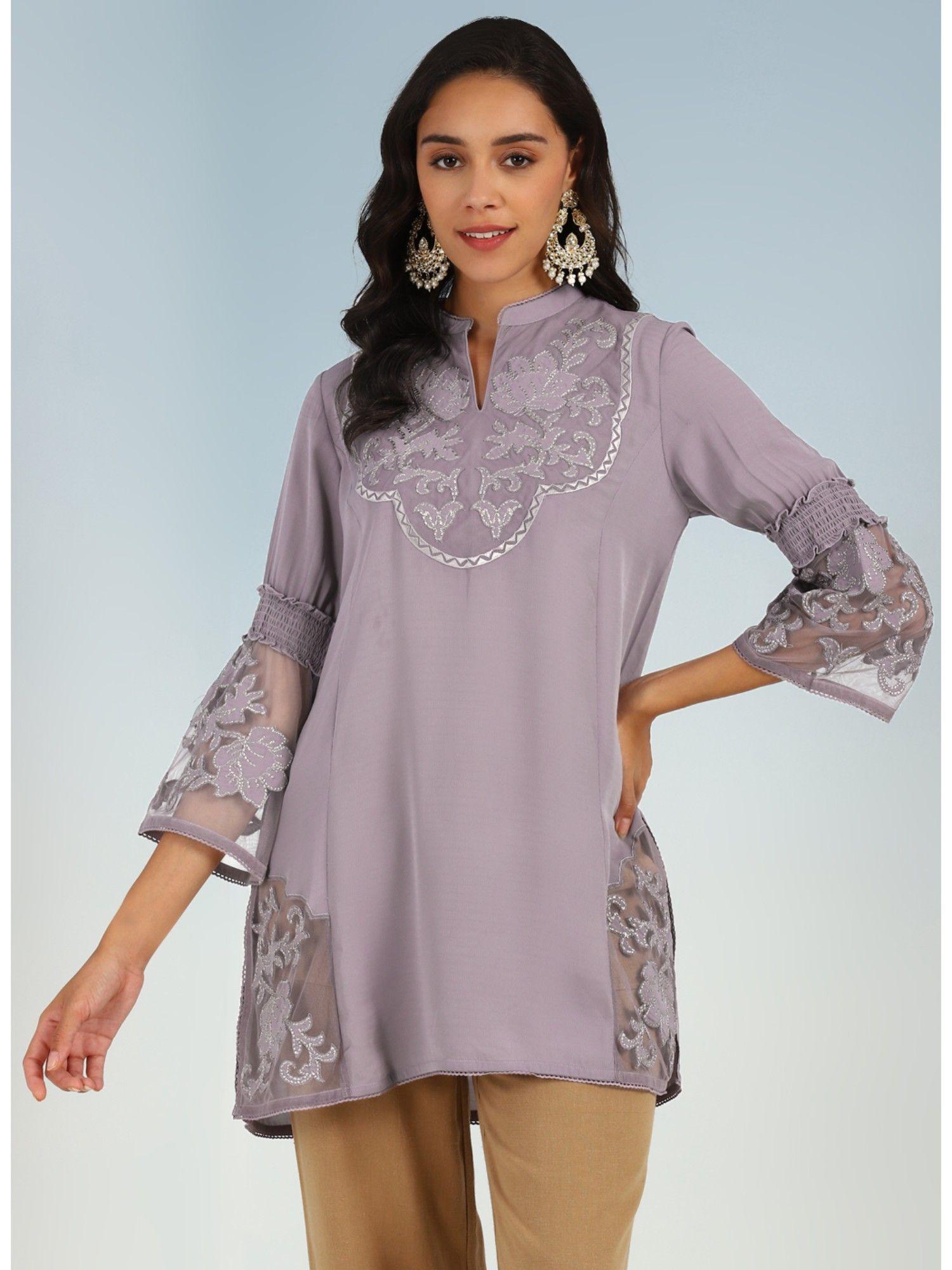 purple embroidered tunic for women with lace inserts