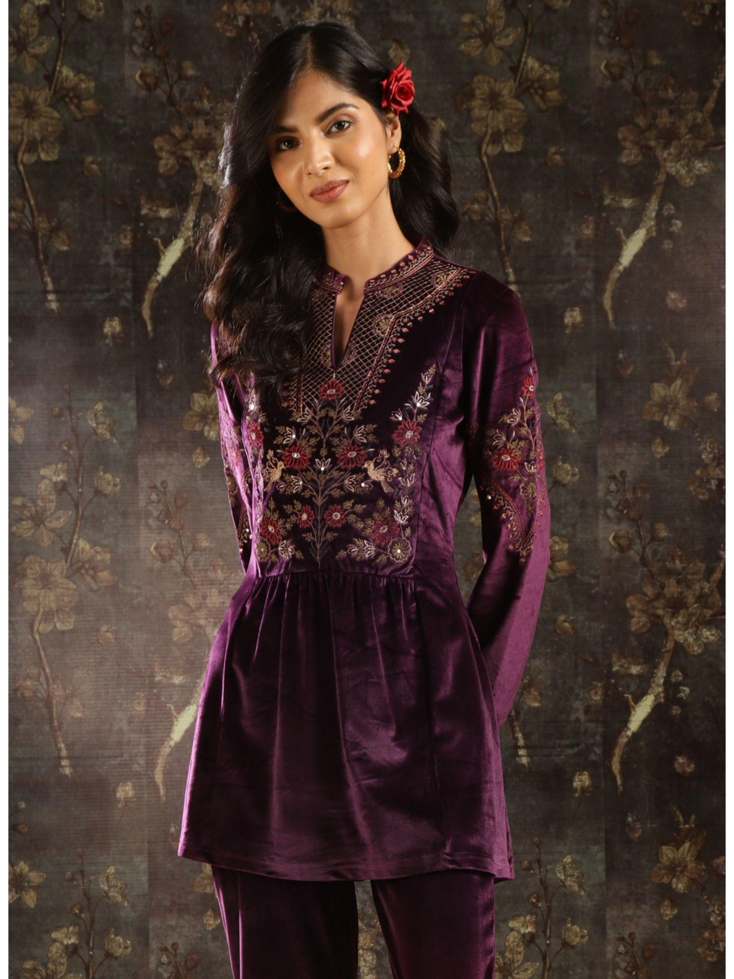 purple embroidered velvet tunic