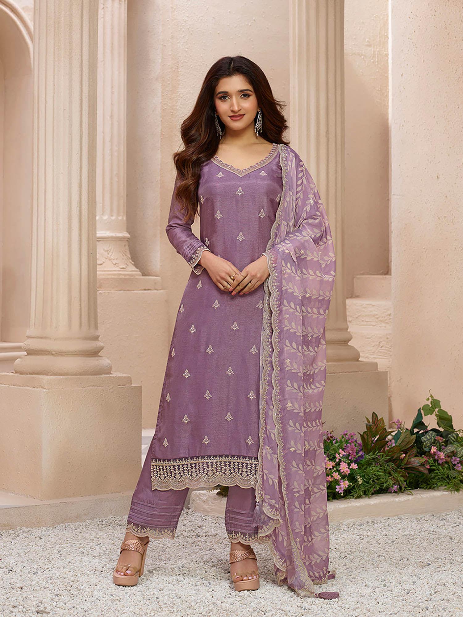 purple embroidery silk straight kurta with trousers & printed dupatta (set of 3)