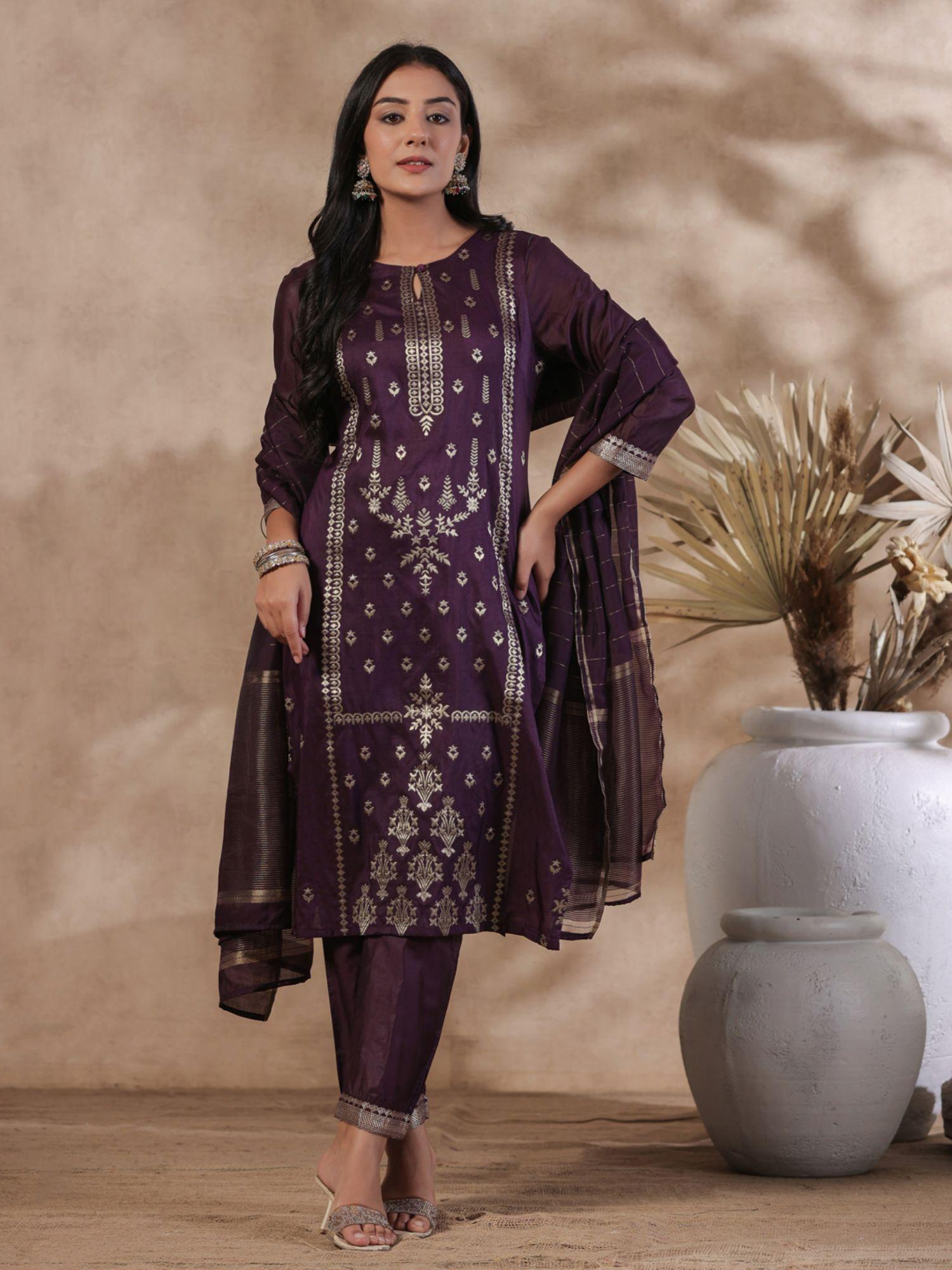 purple ethnic motifs jacquard style kurta with pant & dupatta (set of 3)