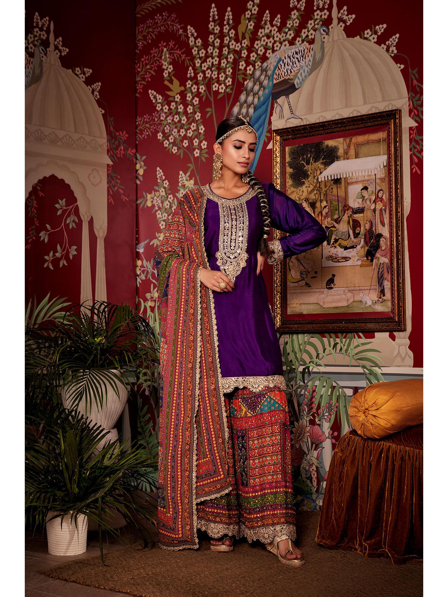 purple festive moorish silk sharara with kurta (set of 3)