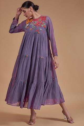 purple fine chanderi embroidered dress