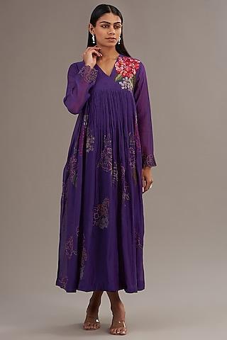 purple fine chanderi floral embroidered flared maxi dress