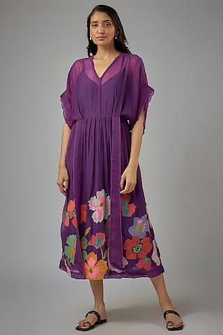 purple fine chanderi hand & machine embroidered dress