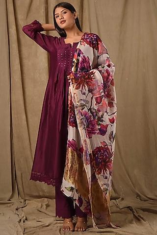 purple fine chanderi silk kurta set