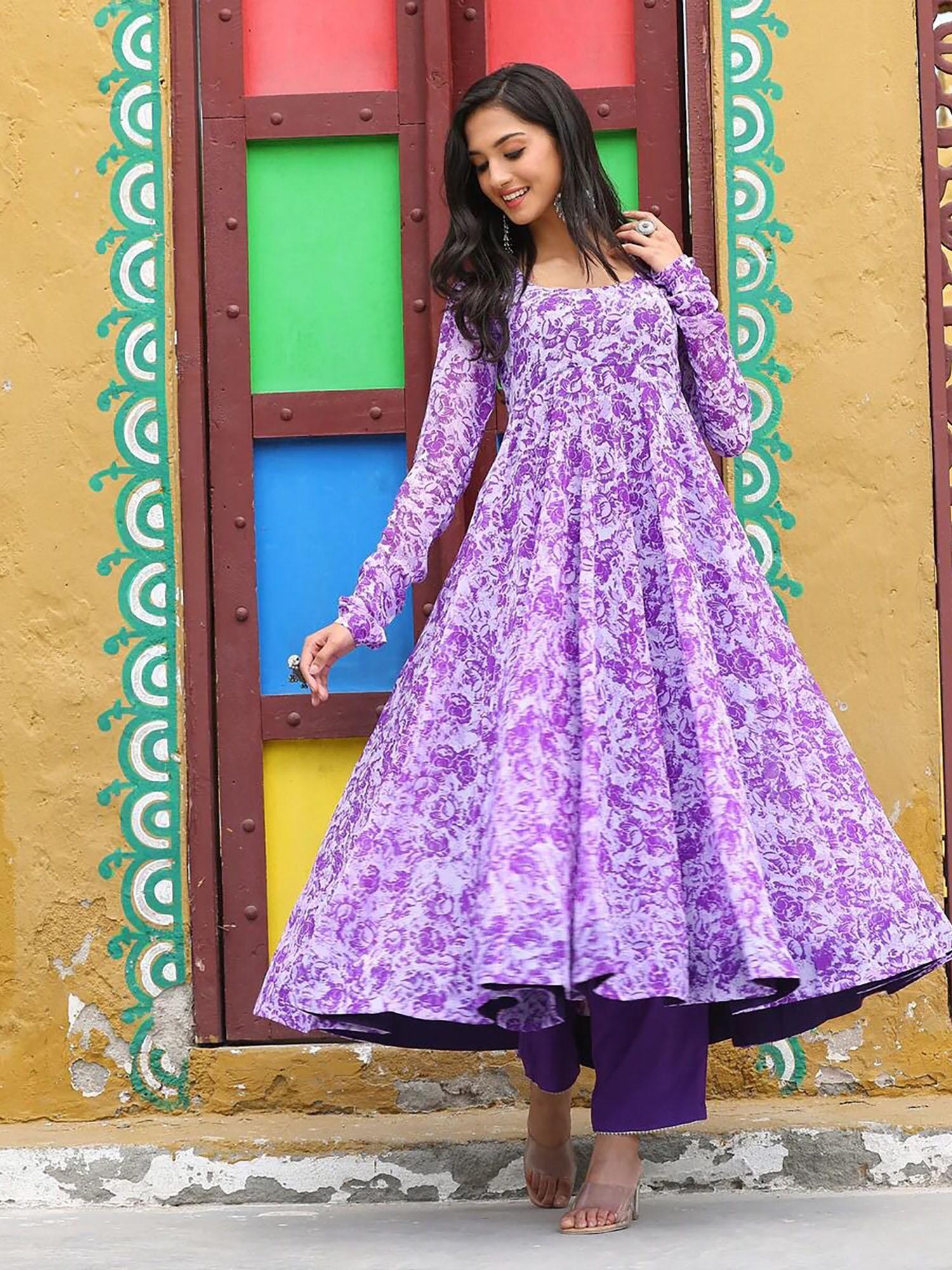 purple fit and flared printed maxi dress