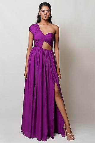 purple flat chiffon pleated gown