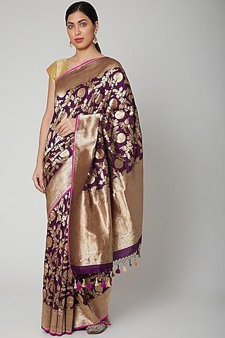 purple floral banarasi saree set