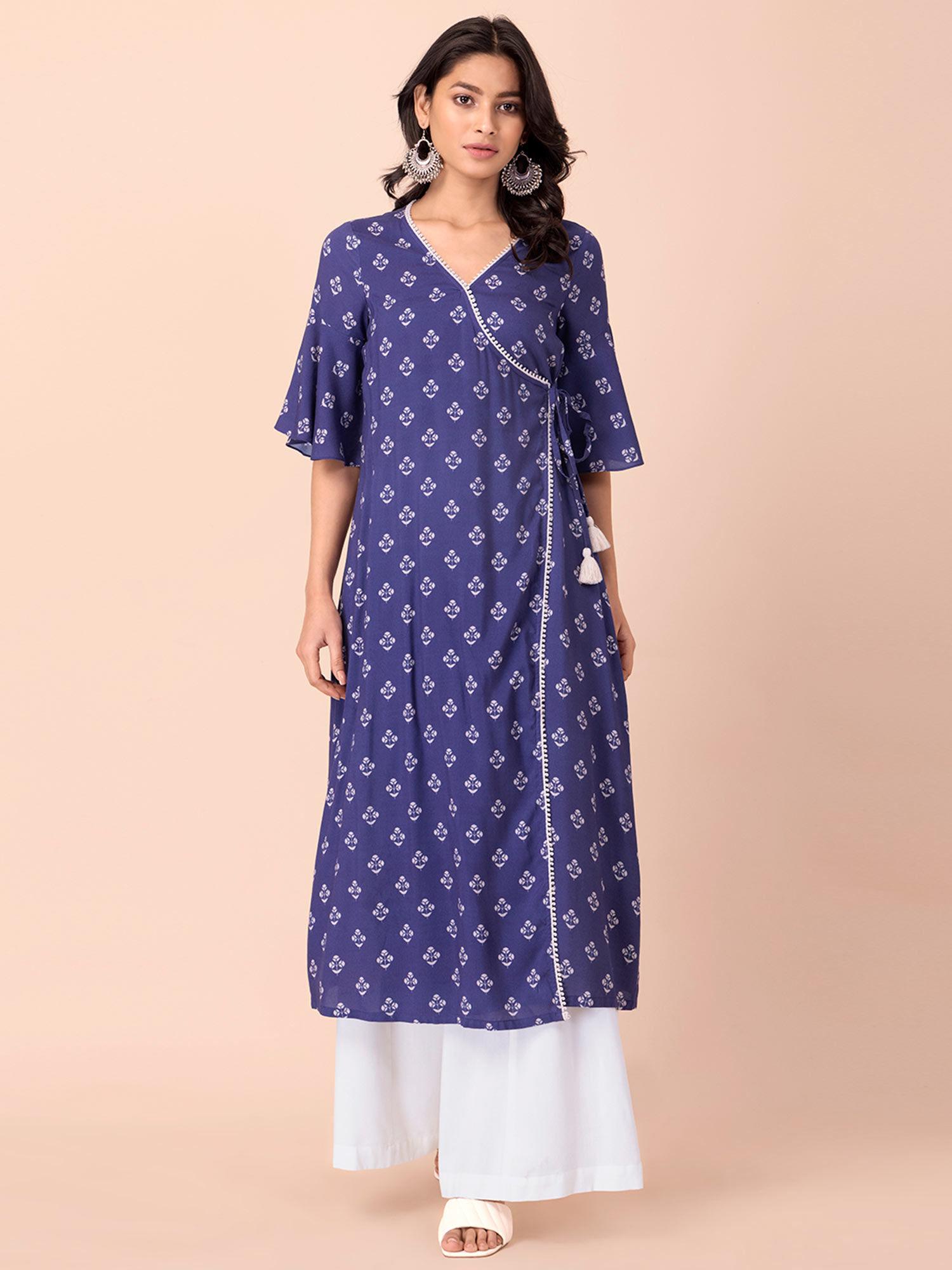 purple floral bell sleeve angrakha kurta