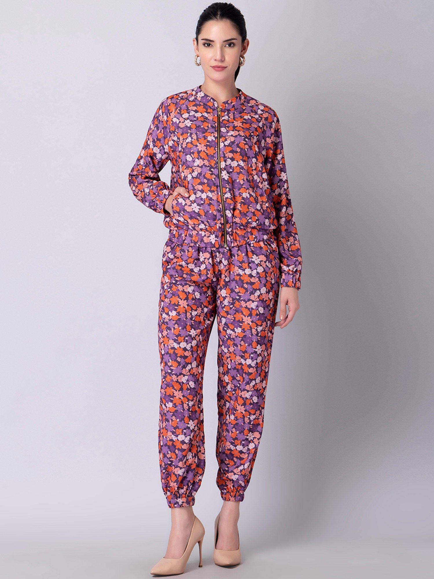 purple floral bomber jacket and jogger pants co-ord set (pack of 2)