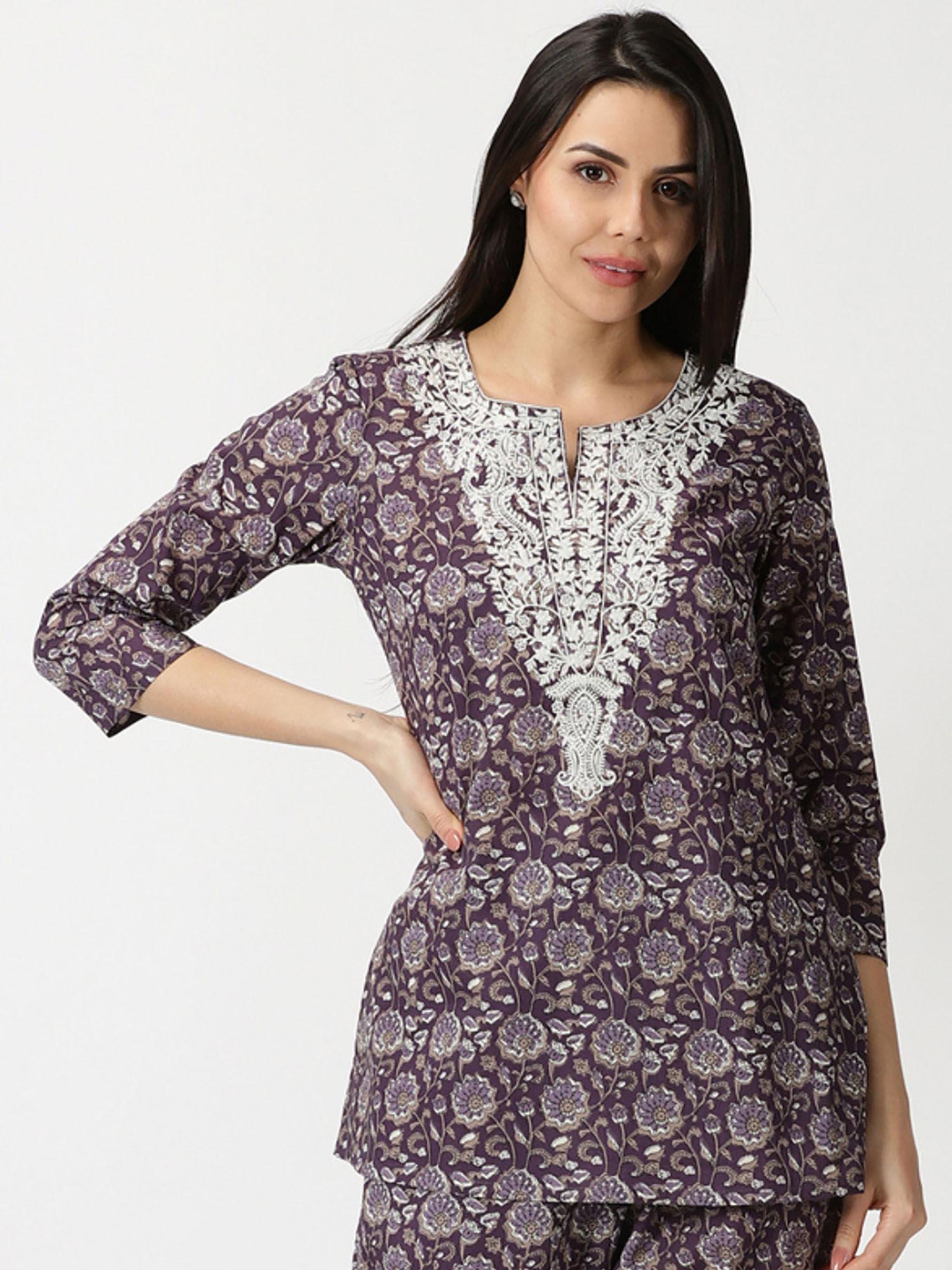 purple floral cotton tunic with chikankari embroidered yoke