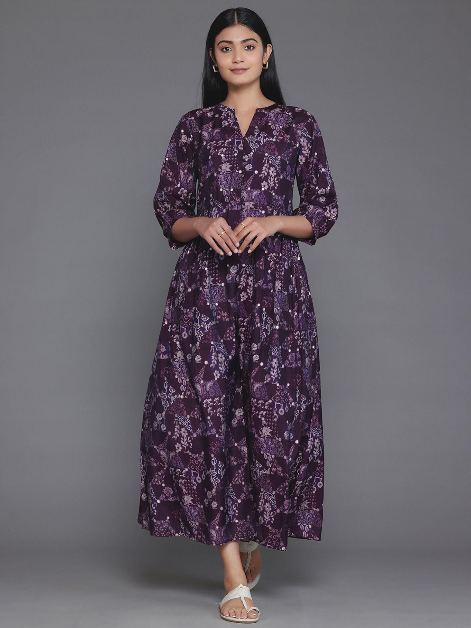 purple floral dress with a flared style & pocket