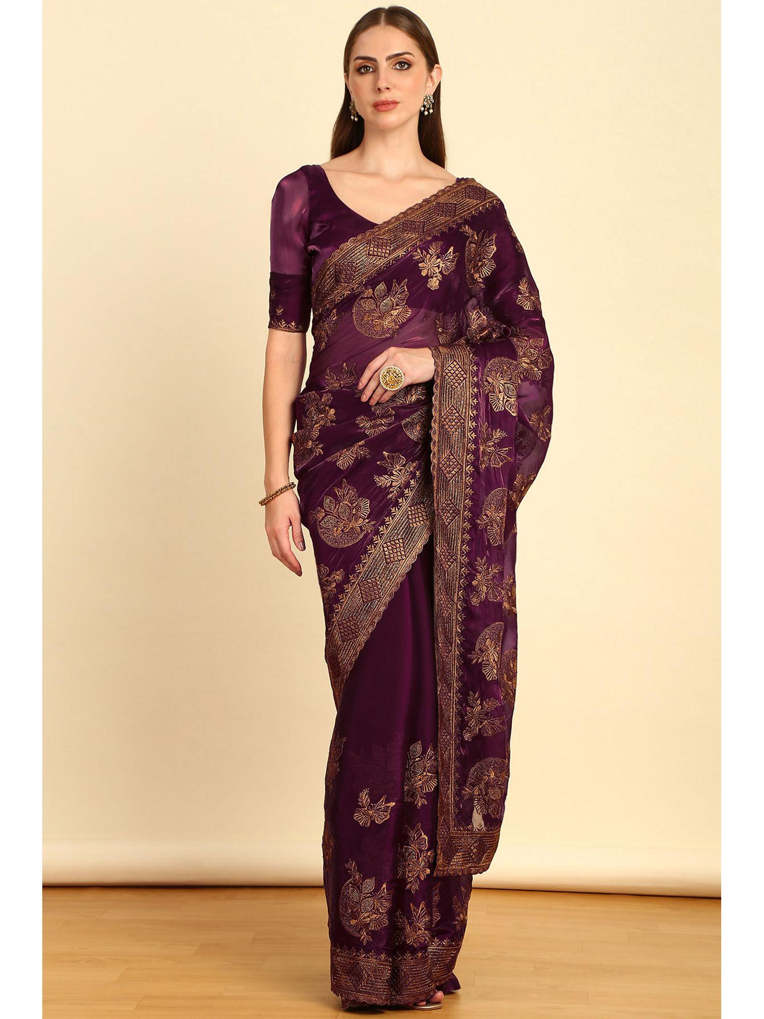 purple floral embroidered organza saree with stone work with unstitched blouse