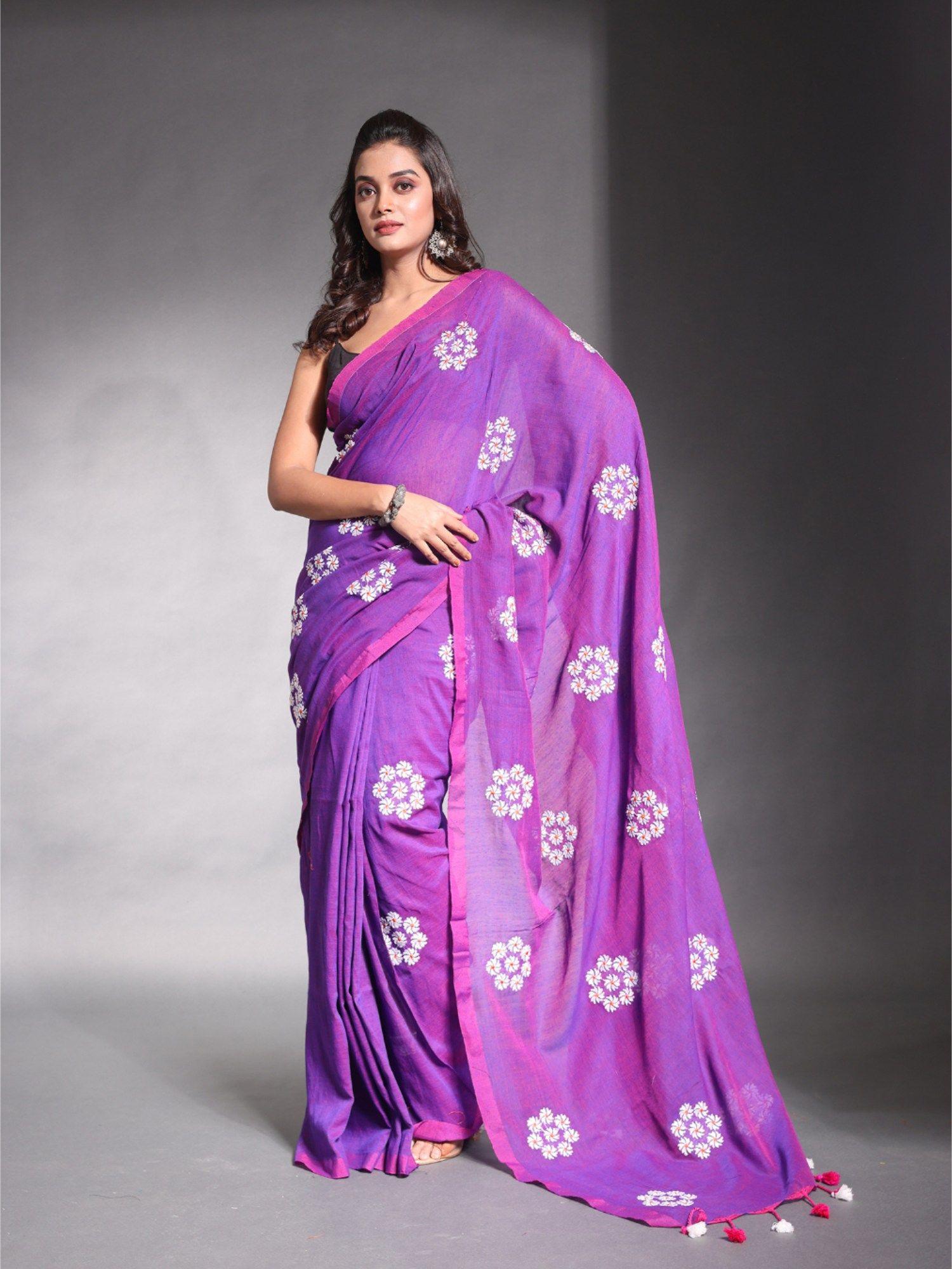 purple floral embroidery work pure cotton soft saree with unstitched blouse