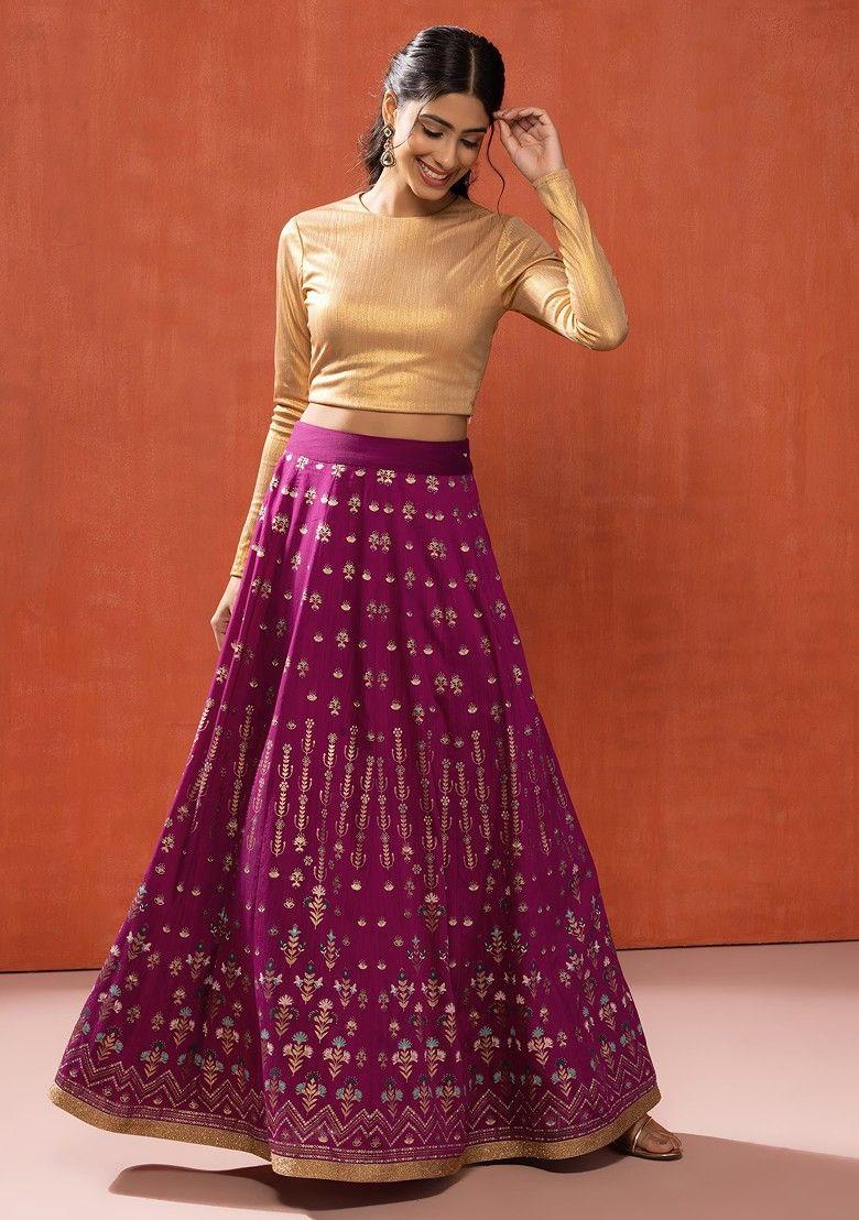 purple floral foil print kalidar lehenga skirt