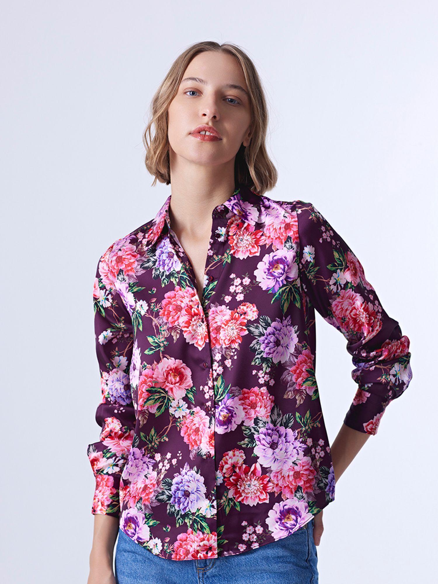 purple floral full sleeves collar neck shirt