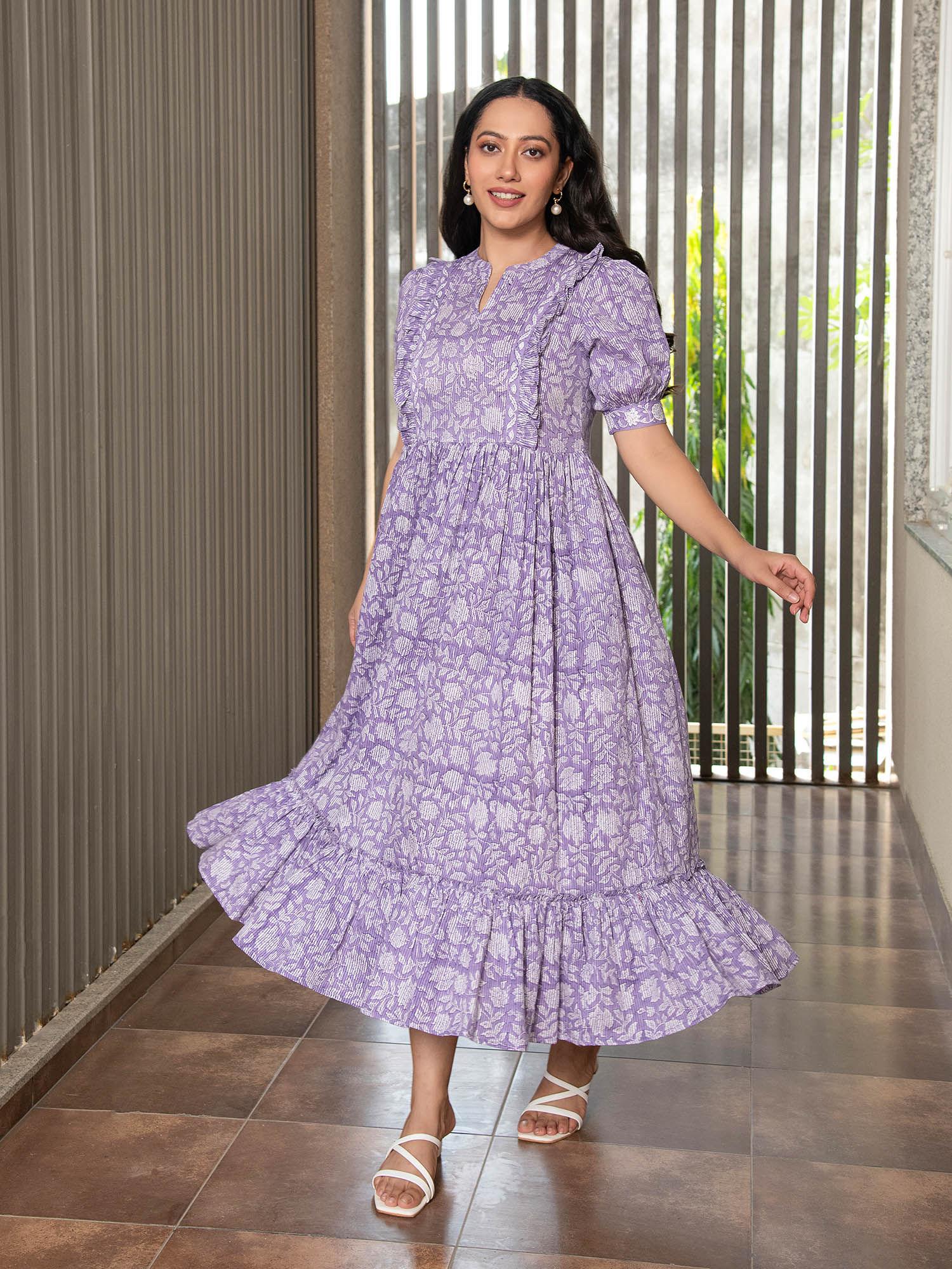 purple floral jaal block printed dress