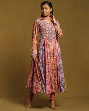 purple floral print a-line kurta with legging and dupatta