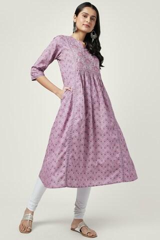 purple floral print casual round neck 3/4th sleeves calf-length women regular fit kurta