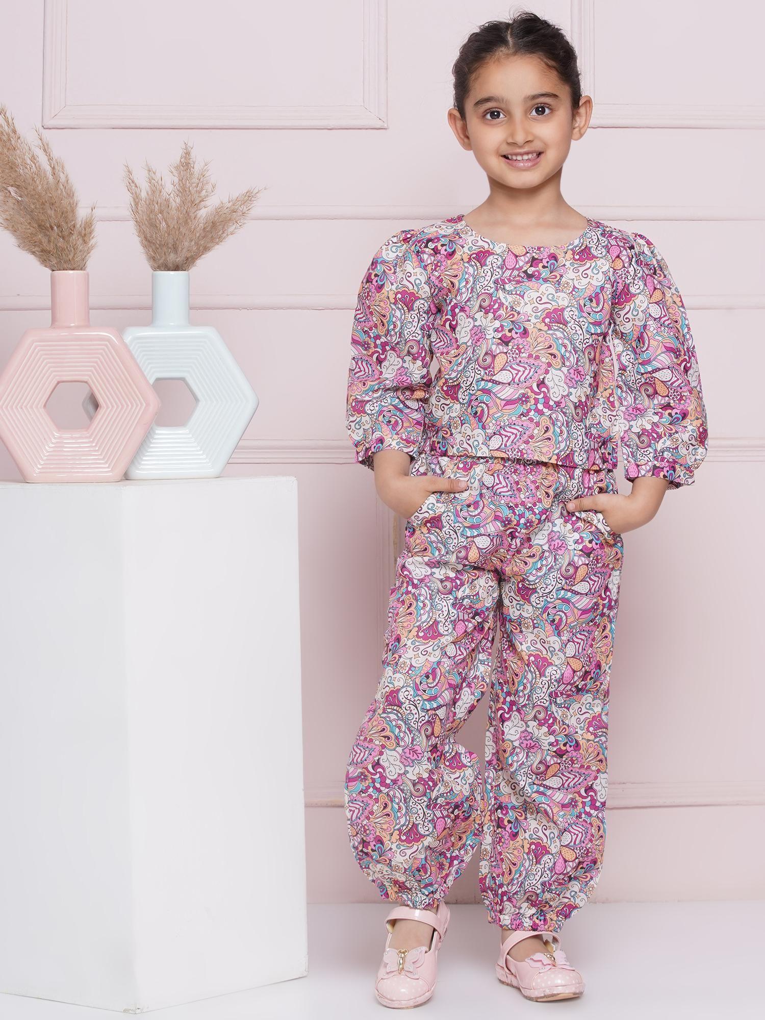 purple floral print cotton top and pant for girls (set of 2)
