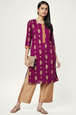 purple floral print ethnic round neck 3/4th sleeves calf-length women regular fit kurta