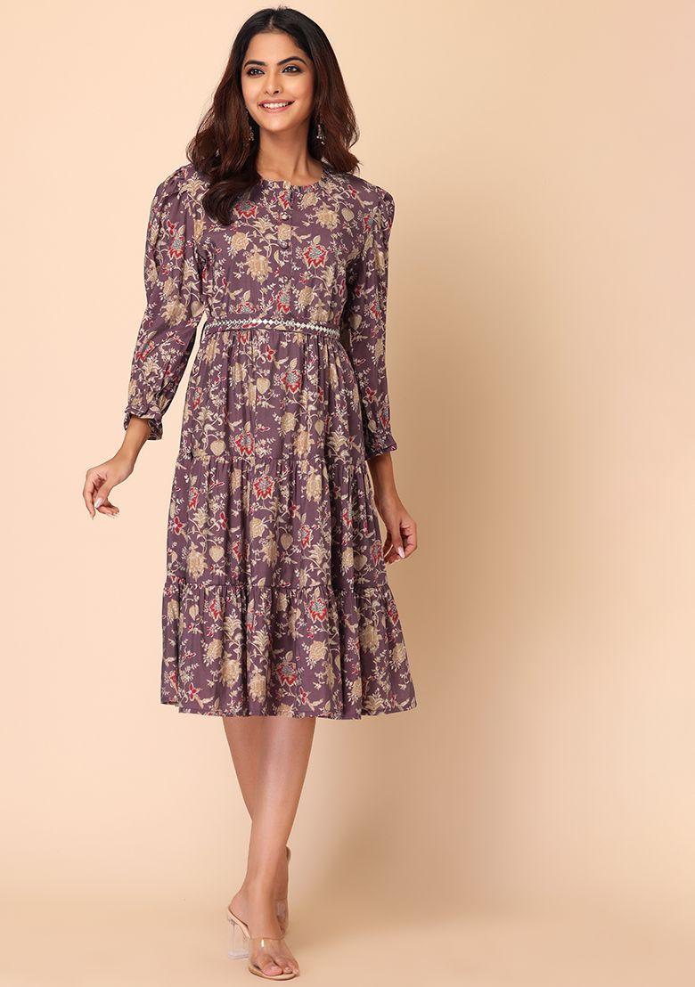 purple floral print muslin dress