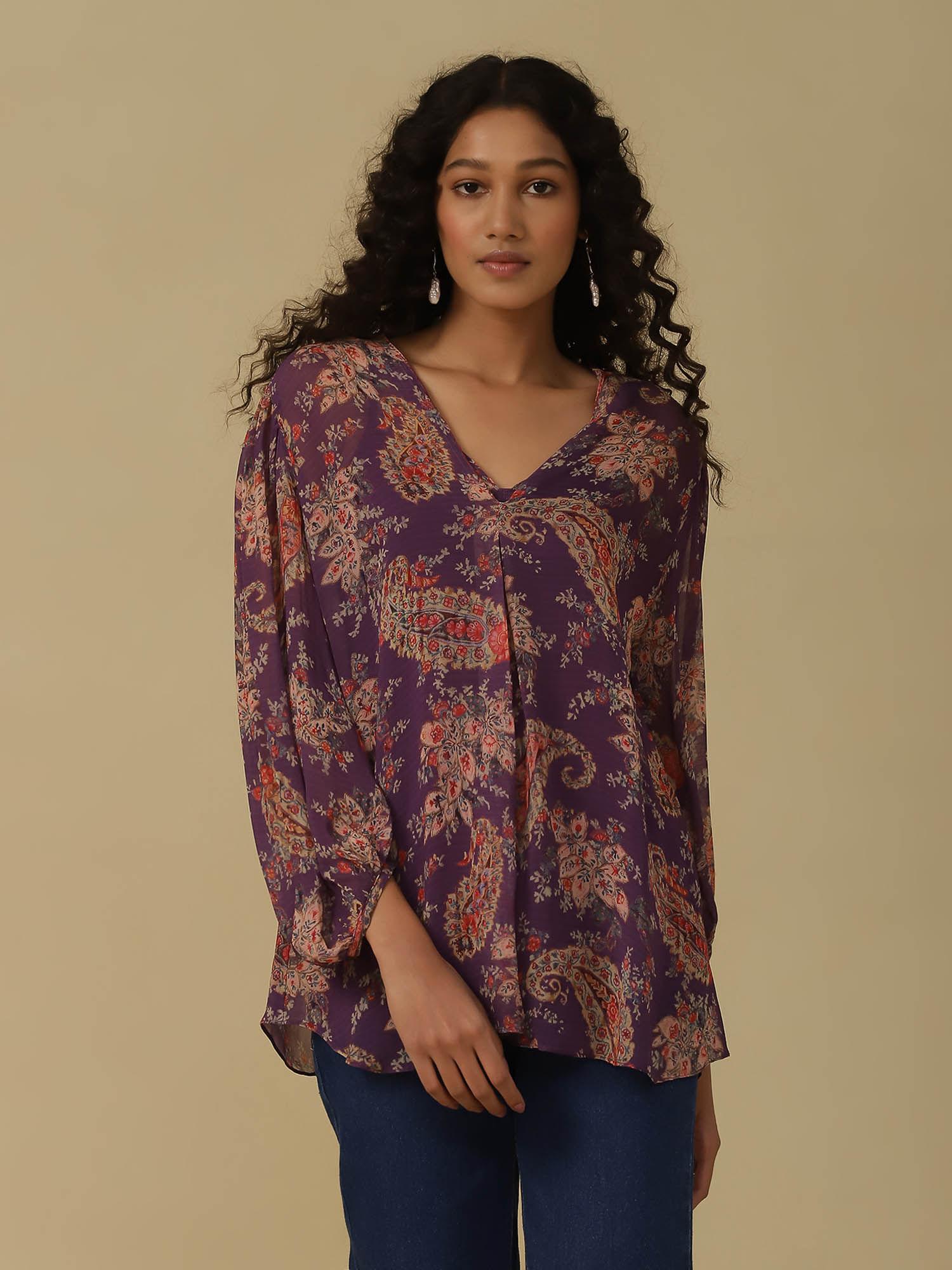 purple floral print shirt with camisole (set of 2)