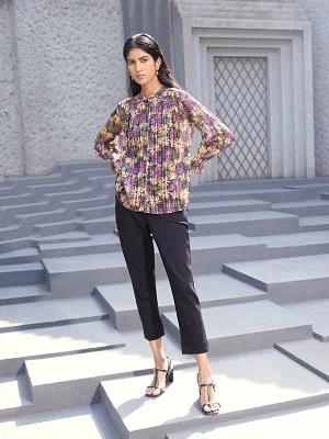 purple floral printed chiffon lurex top