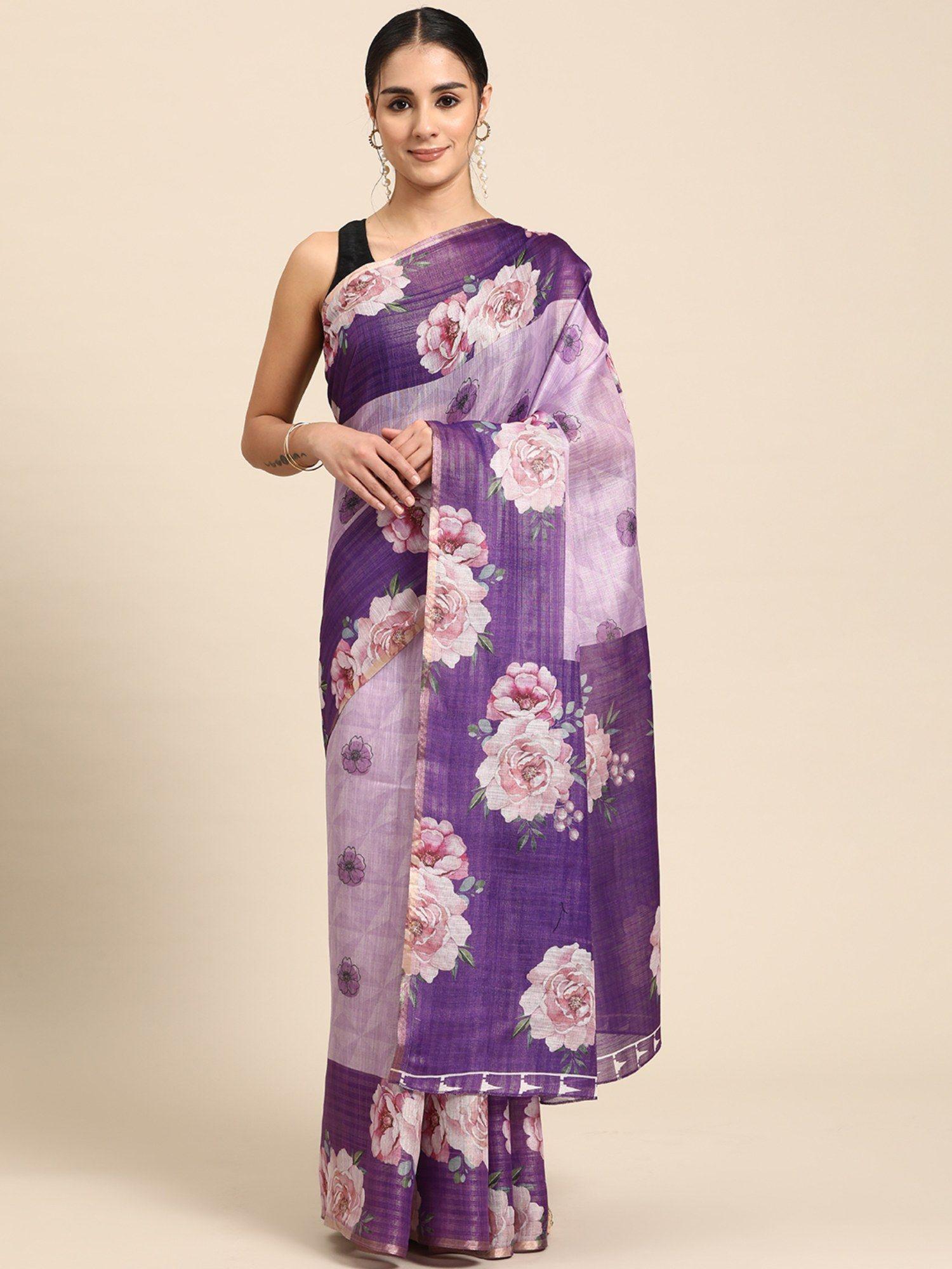 purple floral printed cotton silk saree with unstitched